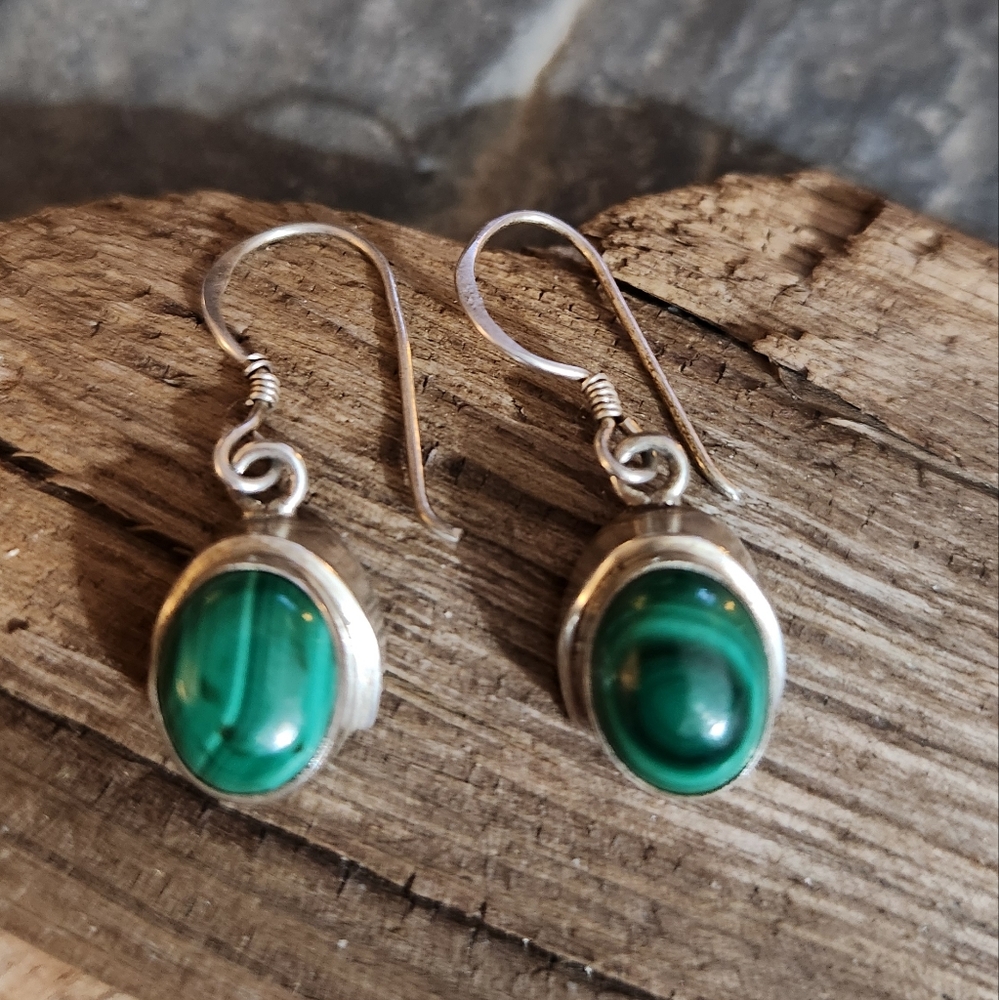 Geniune Malachite and Sterling Silver Earrings. EUC